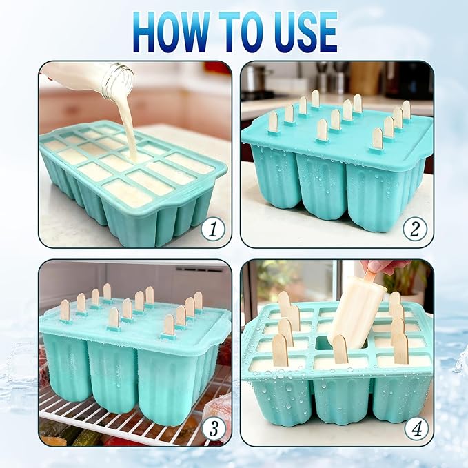 12-Cavity Silicone Popsicles Molds, Reusable Ice Pop Makers with 50 Sticks, Blue Small Ice Cream Mold for Homemade Frozen Dessert