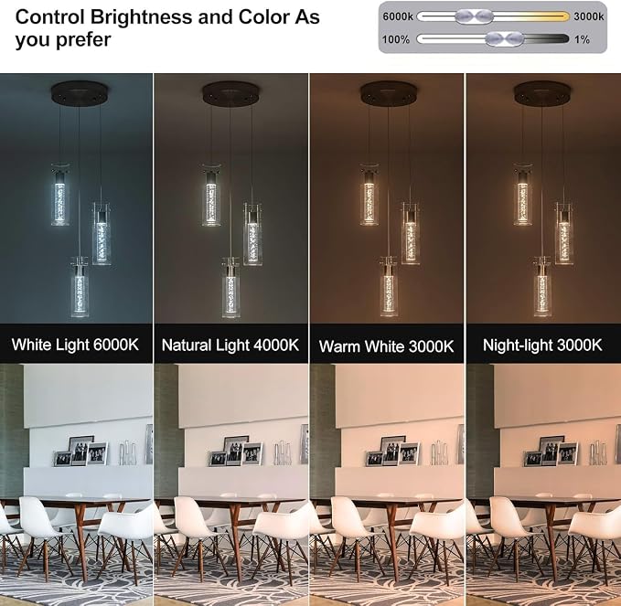 Pendant Light Kitchen Island with Remote Control, Dimmable & Adjustable Color Temperature 3000K/4000K/6000K, Modern Brushed Nickel & Clear Glass Lighting Fixture for Dining Room - Image 4