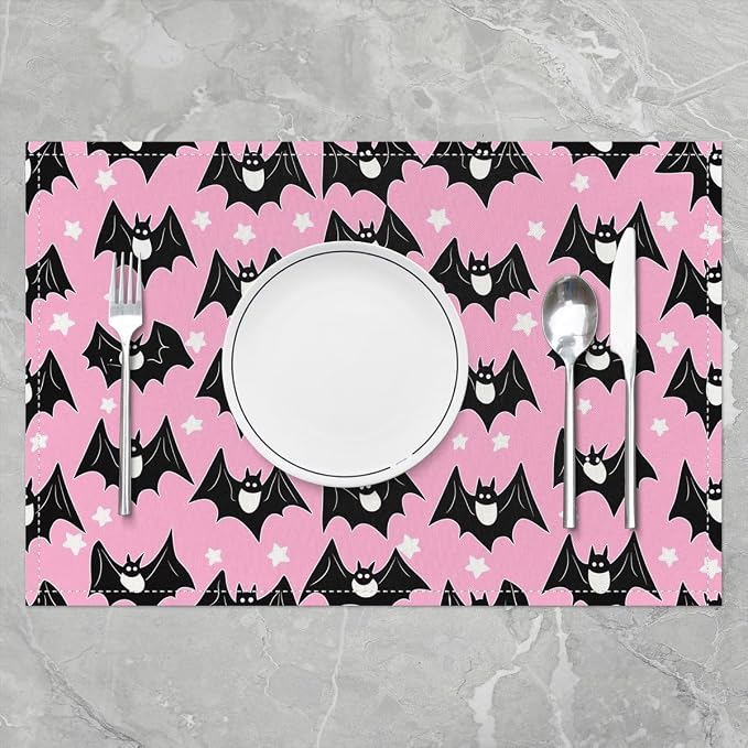 Feelyou Happy Halloween Placemats Set of 4 Cat Bats Table Mats for Party Kitchen Dining Decoration Holiday Seasonal Pink Black Place Mat for Dinner Table Indoor Outdoor 18"x12" Non-Slip Easy to Clean - Image 2