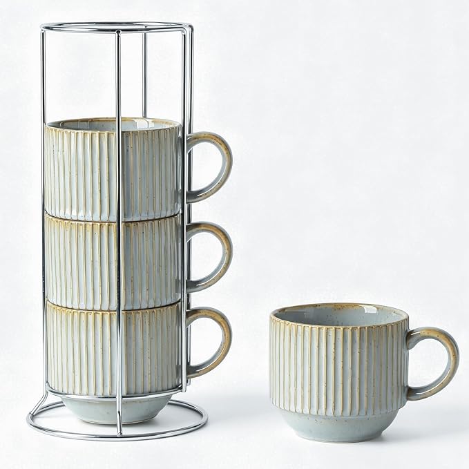 HASENSE Stackable Coffee Mugs, 15 Oz Ceramic Coffee Mugs with Stand, Vertical Striped Coffee Cups Set of 4 with Handle, Space-Saving Suitable for Kitchens and Coffee Nook, Blue-Gray by Hasense