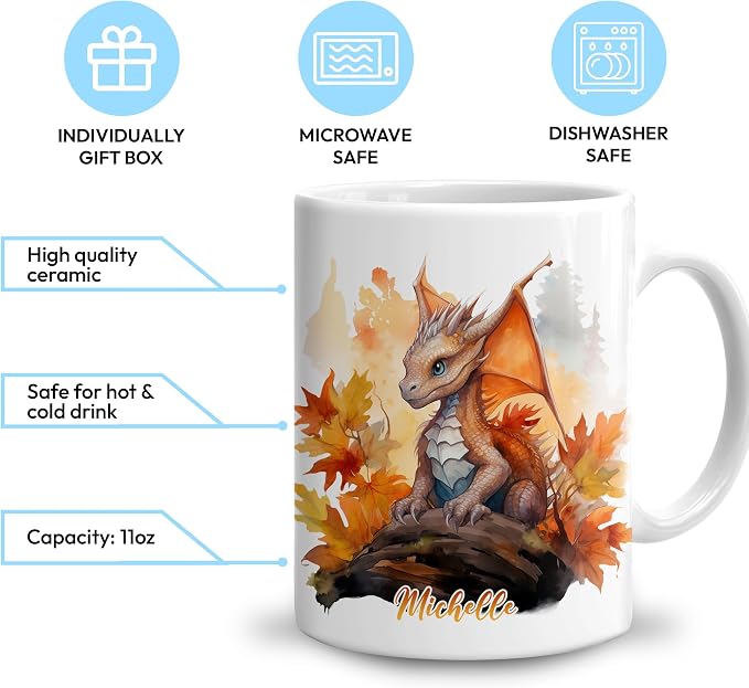 Hyturtle Personalized Fall Dragon Maple Leaves Coffee Mug Gifts on Birthday | Gifts For Dragon Lovers - Fall Autumn Decor Gifts For Farmhouse Thanksgiving - Custom Name 11oz White Ceramic Coffee Tea Mug - Image 3