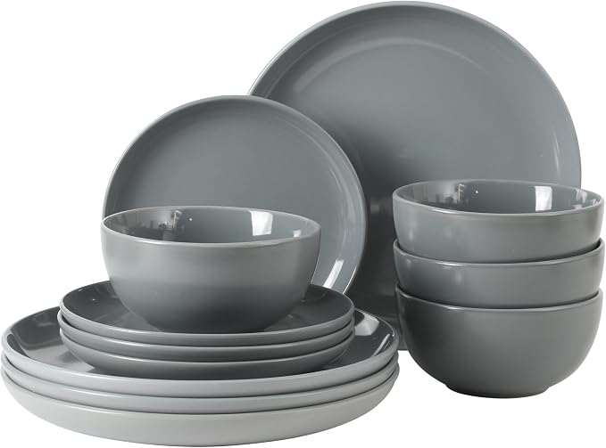 Gibson Home Rockaway 12 Piece Plates and Bowls Matte Outside/Shiny Inside Glaze Service for 4 Dinnerware Set - Blue - Dishwasher and Microwave Safe by GibsonHomewares