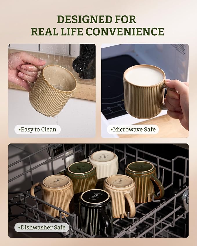 famiware Coffee Mug Set for 6, Star 12 oz Catering Mugs Cup Set with Handle for Coffee, Tea, Cocoa, Milk - Ceramic Stoneware Drinkware Set, Cream - Image 7