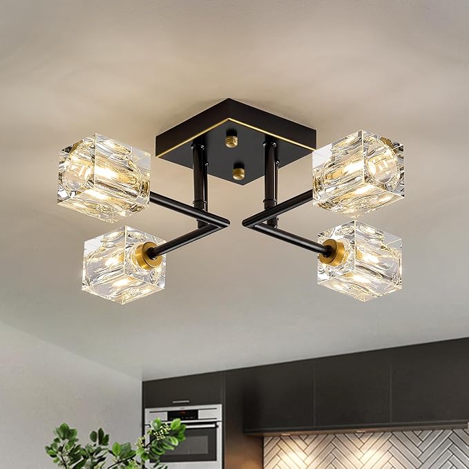 Black Gold Sputnik Chandeliers Industrial 18" Crystal Semi Flush Mount Ceiling Light Fixture 4-Light Modern Chandelier for Hallway Entryway Kitchen Bedroom Dining Room by PoemoonLighting