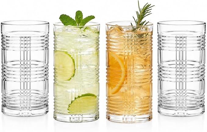 15.5 oz Highball Glasses Set of 4, Modern Ribbed Drinking Glasses, Clear Glass Tumblers for Water, Juice, Cocktails & Iced Tea, Heavy Base, Dishwasher Safe - Image 6