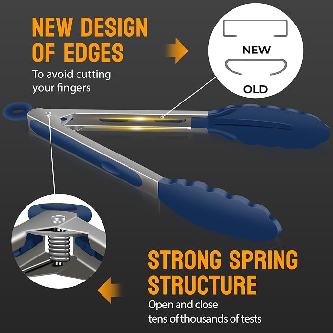 HOTEC Premium 7 & 9 Inch Kitchen Tongs, Stainless Steel Locking Cooking Tongs with Silicone Tips, Non-Scratch & Heat Resistant, Serving Tongs for Salad, BBQ, Classic Blue, Set of 2 - Image 6