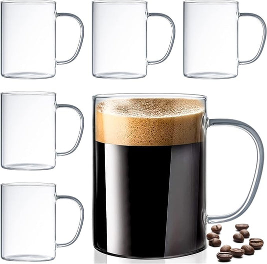 Le'raze Set of 6 Ultra Durable Sleek Glass Irish Coffee Mugs with Handle, Clear Borosilicate Glass Teacups, Mugs for Cappuccino, Latte, Tea Cups, Espresso, Hot Beverage, Dishwasher & Microwave Safe by LERAZE