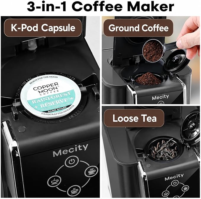 Mecity Coffee Maker 3 in 1 Single Serve Coffee Machine, Compatible with K cup Capsules, Instant Coffee Pot, Tea maker, 6,8,10 Oz Cup, Removable 50 Oz Water Reservoir, 120V 1150W, Dark Grey - Image 4