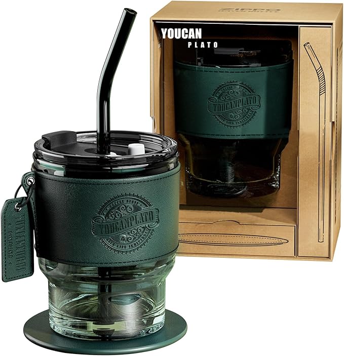 14 oz Glass Tumbler with Straw and Lid,Coffee Cup,Glass Cups,Coffee Mug,Iced Coffee Cups with Lids,Tea Cup,Juice Glasses,Water Glasses,Smoothie Cups,Vintage Drinking Glasses with Sleeve and Coaster