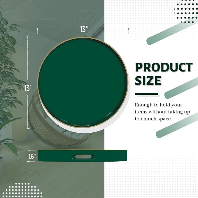 MAONAME 13" Dark Green Decorative Tray, Round Serving Tray with Handles | Plastic Decorative Tray for Coffee Table, Modern Ottoman Tray, Circle Tea Tray, Round Melamine Tray for Living Room, Bathroom - Image 2