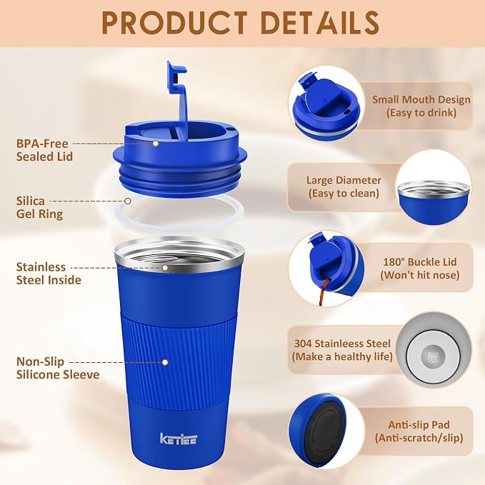 KETIEE Travel Coffee Mug 12oz: Insulated Travel Mug with Leakproof Lid, Reusable Coffee Cups with Seal Lid, Vacuum Stainless Steel Tumbler to Go for Hot/Ice Drinks (Blue) - Image 3