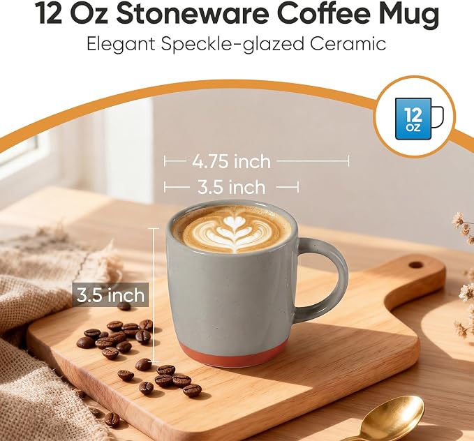 E-far Ceramic Coffee Mug Set of 6, 12oz Stoneware Coffee Cup with Handle, Porcelain Tea Cups, Modern Farmhouse Latte Mug Gift Set for Women & Men, Microwave Safe, Speckled Khaki - Image 2