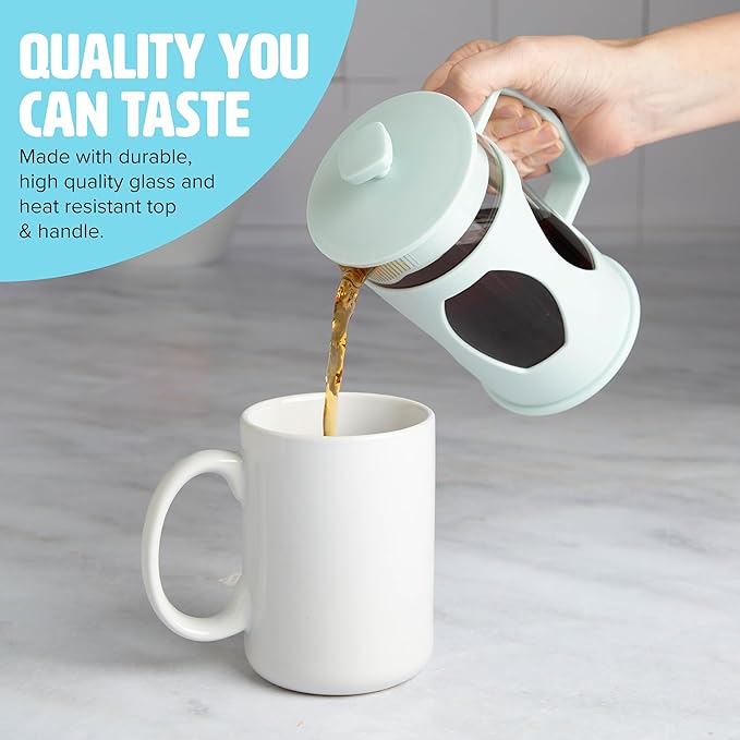 Tasty French Press and Frother Coffee Gift Set, Includes a 4.5-Cup Coffee Press and Battery Operated Handheld Milk Frother, Perfect for French and American Style, 2-Piece Set, Aqua