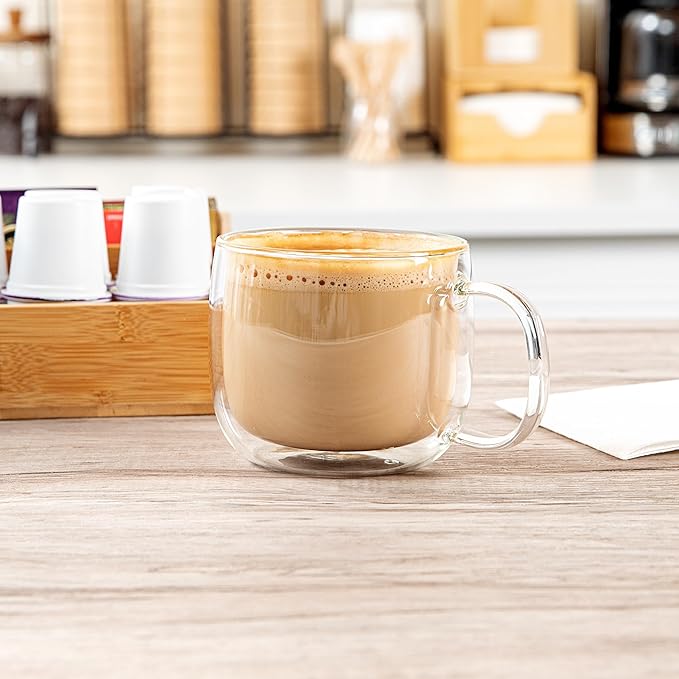 Restaurantware-Forma Professional 16.9 Ounce Double Wall Coffee Mugs, 12 Insulated Coffee Mugs With Handle - Dishwashable, Reusable, Clear Glass Beverage Cups, Freezable, For Hot Or Cold Beverages