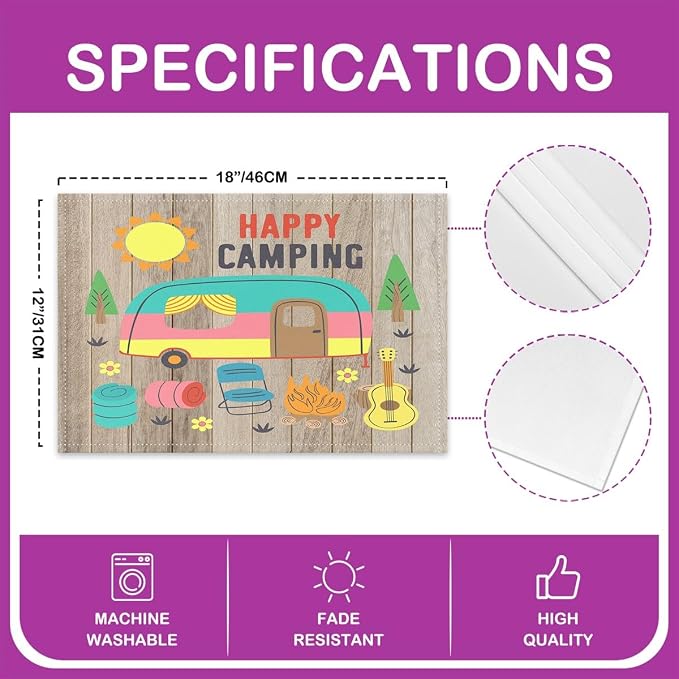 Feelyou Camper Placemat for Kitchen Dining Table 18"x12" Happy Camping Placemats Set of 4 Decor Rustic Wooden RV Camping Table Place Mats Cartoon Camping Car Indoor Outdoor Decor Table Mats - Image 4