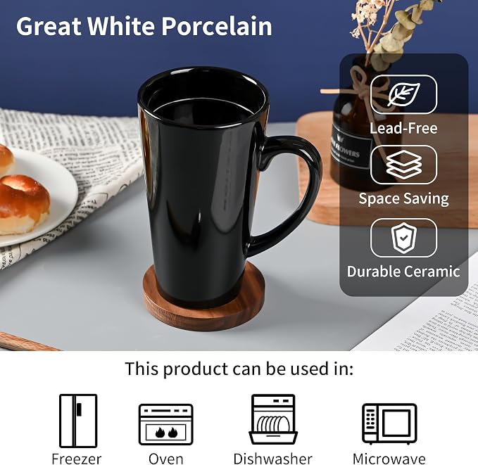 BYCNZB 16oz black Funnel Ceramic Tall Coffee Mugs for Coffee, Tea, Cocoa, Latte, Milk set of 4(Black) - Image 3