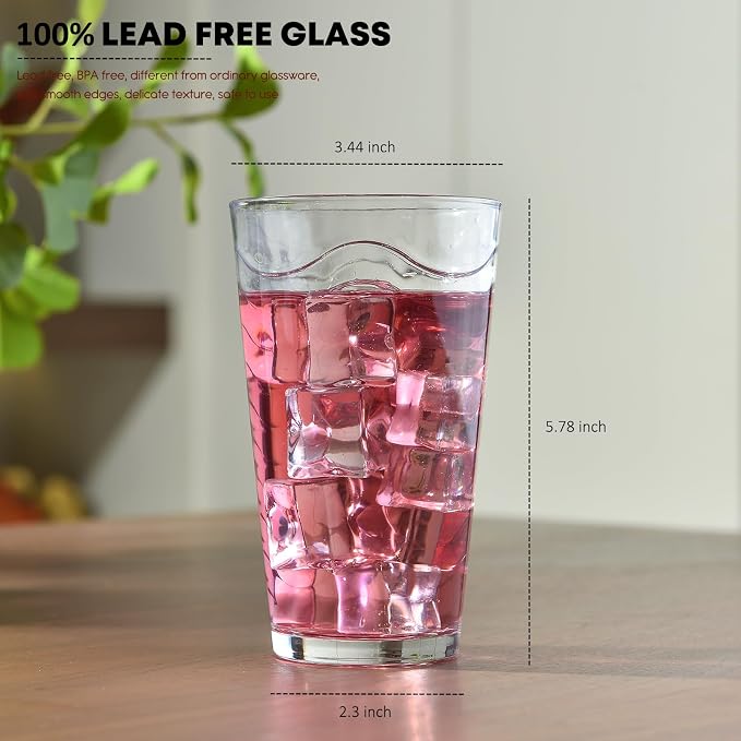 ALINK 16 oz Vintage Drinking Glasses, Set of 6 Wave Line Highball Glass Cups Bar Glasses, Clear Heavy Base Stemmed Water Glasses for Beer, Iced Coffee, Cocktail, Wine, Iced Tea, Dishwasher Safe - Image 4