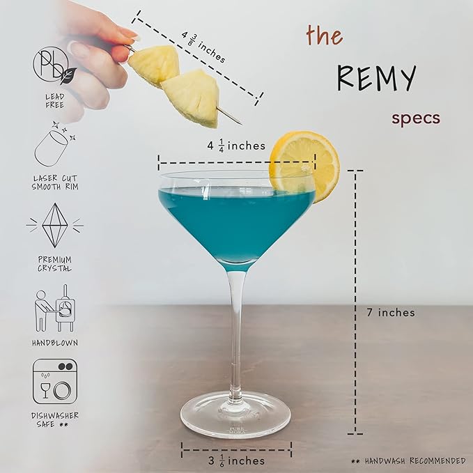 MORA PURE The Remy Coupe - Set of 4, 8oz Handblown Premium Crystal Martini Glasses for Cocktail, Gin & Tonic, Cosmopolitan, Manhattan, Bar, Fancy Mixology, etc. Modern Angle Drinking Glassware