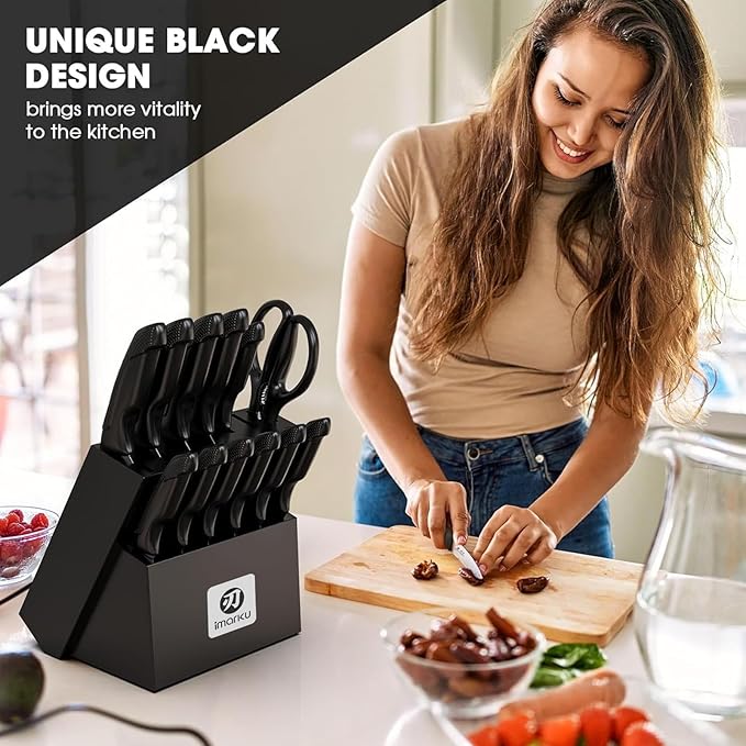 imarku 14-Piece Japanese High-Carbon Stainless Steel Knife Set，Black | Kitchen Knife Set with Block|15°Precision Edge | 56±2 HRC Hardness | Built-in Sharpener|Ergonomic Handles|Gifts Mom & Dad - Image 8