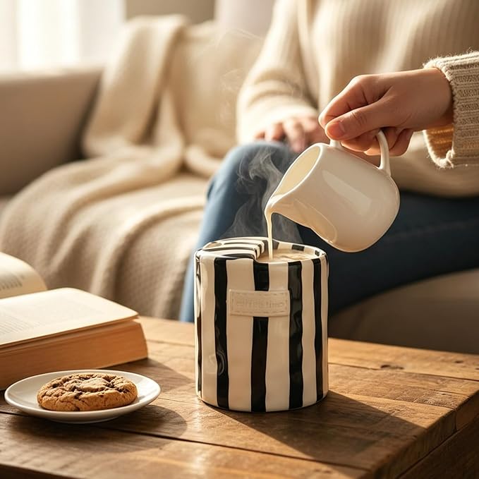 10oz Ceramic Coffee Mug with Sip Hole, Striped Espresso Cups for Hot & Cold Drinks and Microwave & Dishwasher & Freezer Safe, Ideal for Home Desk Kitchen Office Dorm Cafe Travel Daily - Black - Image 8