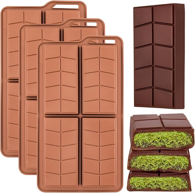 3pcs Dubai Chocolate Molds 0.82 Inch Deep,Silicone Chocolate Bar Mold Non-Stick Flexible Thick Homemade Chocolates Candies and Desserts (Brown) by ZONBBEE