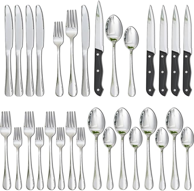 Astercook Silverware Set with Steak Knives 24-Piece Flatware Set for 4 Food-Grade Stainless Steel Cutlery Set Mirror Polished Utensils Set Include Spoons and Forks for Home Kitchen Restaurant by Astercook