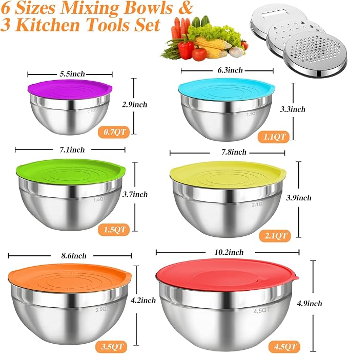 Mixing Bowls with Lids Set, 6 PCS Stainless Steel Mixing Bowls with 3 Grater Attachments, Kitchen Food Organizers Nesting Mixing Bowl, Large Size 4.5, 3.5, 2.1, 1.5, 1.1, 0.7QT-Colorful - Image 5