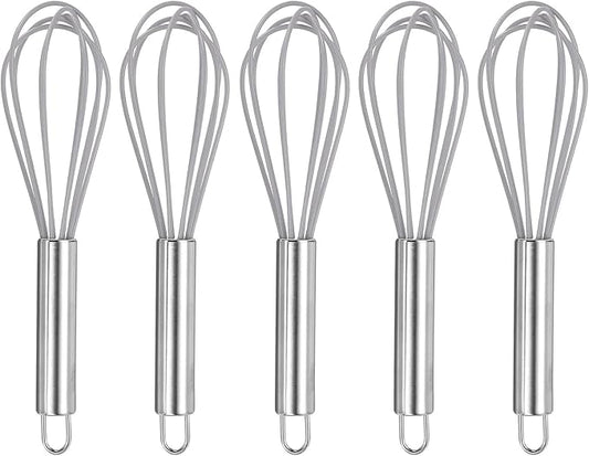 HARFINGTON 5Pcs Silicone Whisk 8" Kitchen Whisk Wire Whisks Beater with Stainless Steel Handle for Egg Milk Whisking Blending Beating & Stirring, Grey