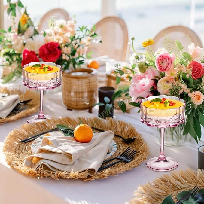 Vintage Champagne Coupes Glass Cute Martini Cocktail Glasses,13oz Crystal Martini Wine Glasses Set Of 24 Elegant Flower -Shaped Goblet Drinking Champagne Dessert Yogurt Ice Cream Glassware Cups Pink - Image 3