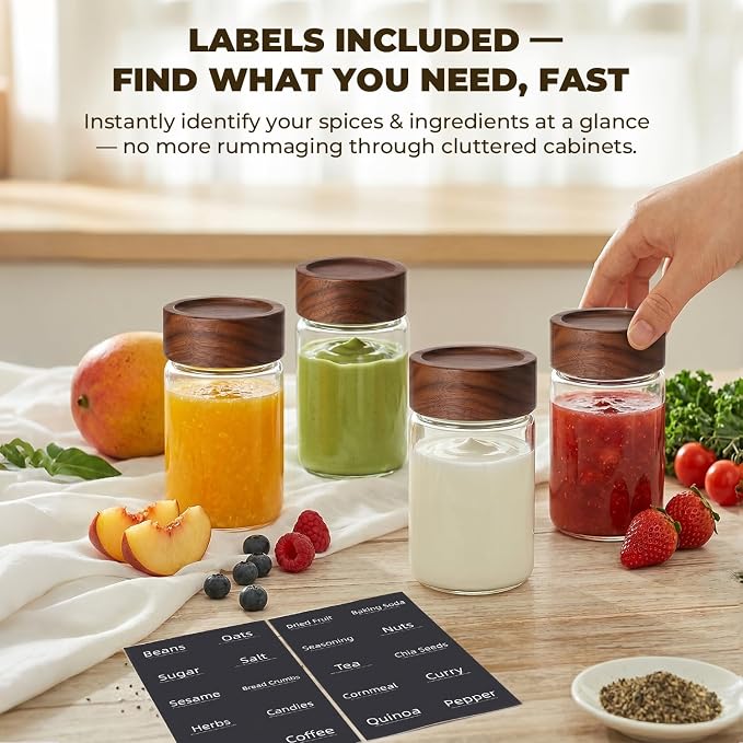 4 Pack 8 oz Glass Spice Jars with Wooden Lids, Tall Small Mason Jars with Airtight Acacia Wood Lid, Empty Clear Containers for Herb, Seasoning, Sprinkles & Pantry Organization - Image 2