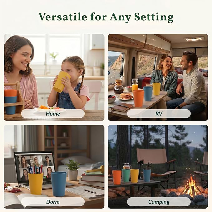 Homienly Reusable Plastic Cups - Wheat Straw Unbreakable Drinking Glasses & Water Glasses | Multi-Color Stackable Plastic Cups, Dishwasher Safe | Glassware & Cup Sets for Kitchen (20 oz 8-Pack) - Image 7