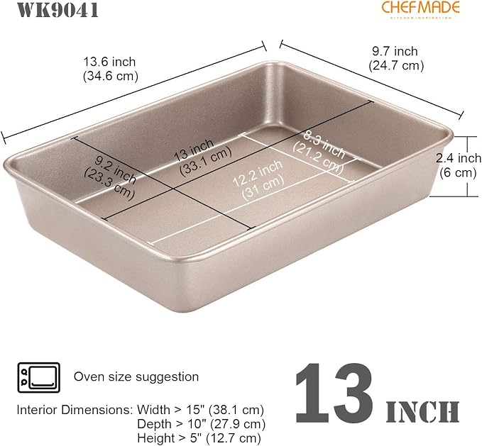 CHEFMADE 13-Inch Rectangle Cake Pan, Non-Stick Loaf Pan Deep Dish Bakeware for Oven Roasting Meat Bread Jelly Roll Battenberg Pizzas Pastries 9.7" x 13.6" X 2.4"(Champagne Gold) - Image 8
