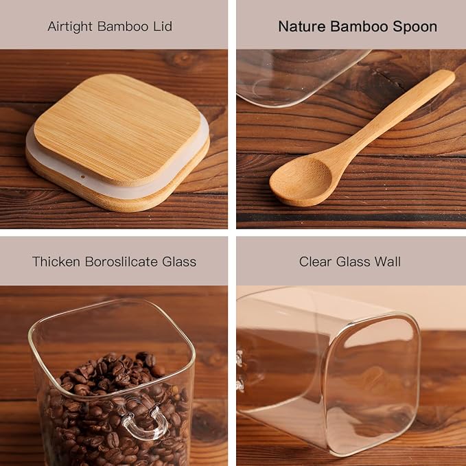 CZZGSM Set of 4 Square Glass Jar with Bamboo Lids and Spoons – Airtight 27 oz Borosilicate Glass Food Storage Contaienrs with 132 Kitchen Pantry Labels for Coffee, Tea, Sugar - Image 6