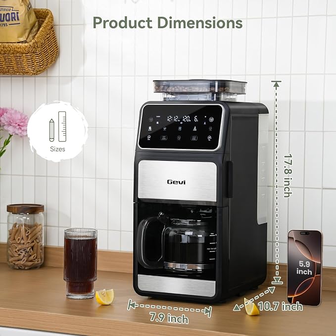 Gevi 10-Cup Grind & Brew Drip Coffee Maker with Built-In Burr Grinder | 24-Hour Programmable Timer, Touch Screen Control, 4-Hour Warm Plate, Permanent Filter with Original Glass Coffee Carafe - Image 5