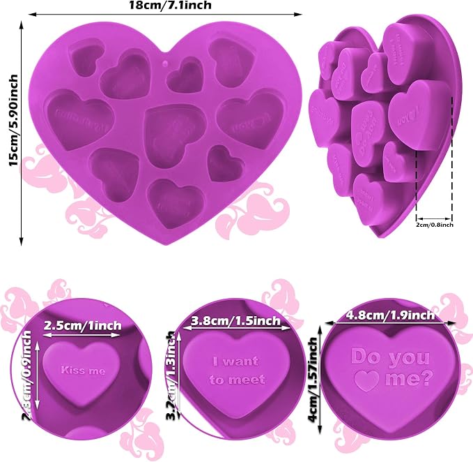 Patelai 4 Pieces Conversation Heart Molds Mixed Size 40 Holes Valentine's Day Heart Shaped Silicone Molds Non Stick for Chocolate Fondant Jelly Pudding Dessert Baking Candy(Pink, Purple) - Image 2