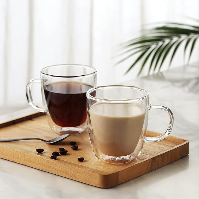 CNGLASS Double Wall Glass Coffee Mugs 12 oz,Insulated Glass Coffee Cups with Handle,Clear Espresso Mugs for Cappuccino,Latte,Tea Bags,Hot and Cold Beverages,Set of 2