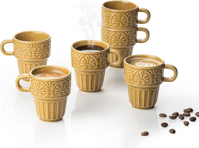 LYEOBOH Small Coffee Mug Set of 6, Stackable Mugs 3.3 OZ Ceramic Espresso Cups, Microwave & Dishwasher Safe Coffee Mugs Cups for Coffee Tea Cocoa, Modern Design for Home Kitchen, Housewarming, Khaki by LYEOBOH