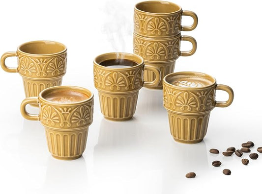 LYEOBOH Small Coffee Mug Set of 6, Stackable Mugs 3.3 OZ Ceramic Espresso Cups, Microwave & Dishwasher Safe Coffee Mugs Cups for Coffee Tea Cocoa, Modern Design for Home Kitchen, Housewarming, Khaki by LYEOBOH
