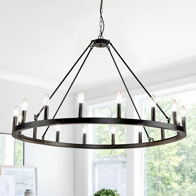 16-Light Black Wagon Wheel Chandelier Farmhouse, 43" Extra Large Chandeliers for High Ceilings, Round Matte Black Chandelier for Dinning Room, Kitchen Island, Entryway, Foyer, Living Room, Entrance by SofaFurniture