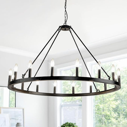 16-Light Black Wagon Wheel Chandelier Farmhouse, 43" Extra Large Chandeliers for High Ceilings, Round Matte Black Chandelier for Dinning Room, Kitchen Island, Entryway, Foyer, Living Room, Entrance by SofaFurniture