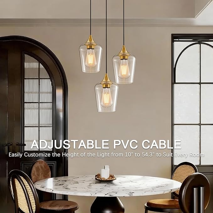 Ralbay Farmhouse Brushed Gold Pendant Light 3-Pack, Pendant Light Fixtures with Wine Clear Glass Shade, Kitchen Island Lighting for Dining Room, Rustic Adjustable Hanging Lighting Fixture - Image 8