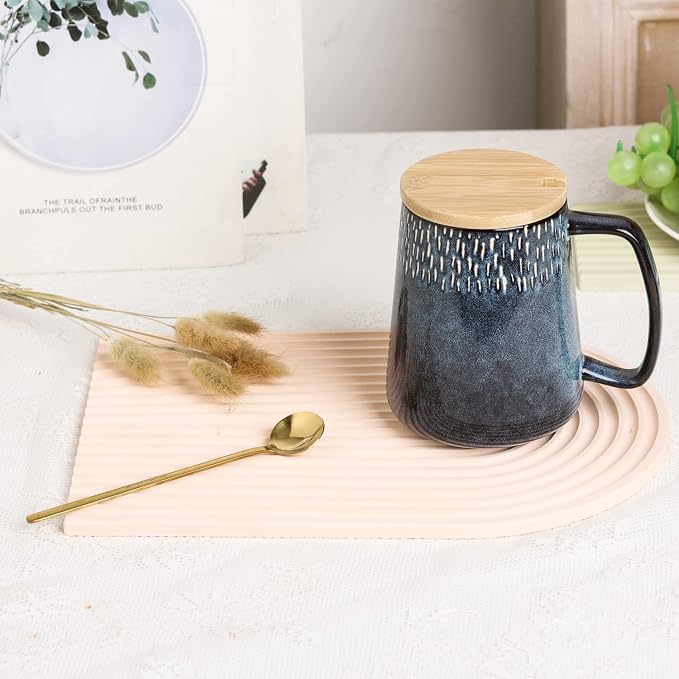Large Ceramics Coffee Mugs,24 OZ,with Spoon and Wooden Lid,for Coffee,Tea,Large Handle Design,Microwave and Dishwasher Safe(Color:24 oz star blue set) - Image 4