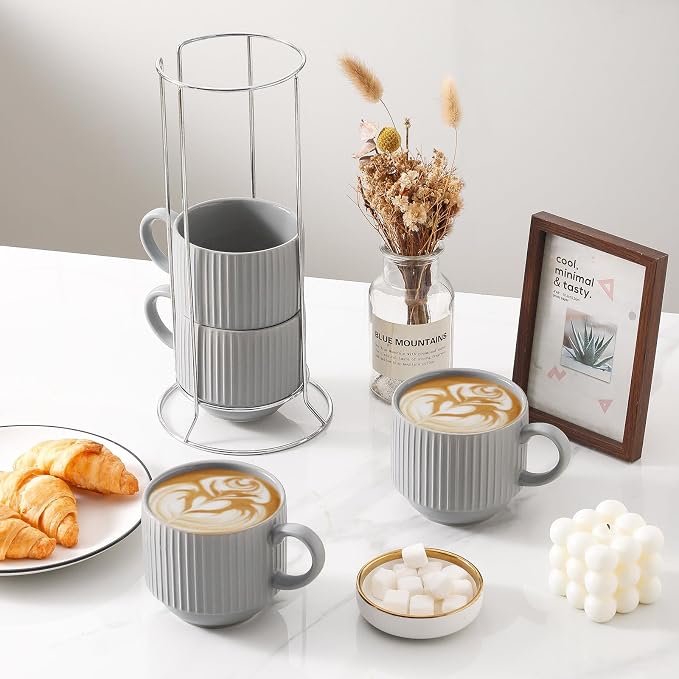 Hasense Coffee Mugs Set, Stacking Tea Cups Set of 4 with Holder - 15 oz Large Ceramic Ribbed Latte Cup Set for Cappuccino, Tea, Hot Cocoa, Drinks - Dishwasher & Microwave Safe, Grey - Image 2