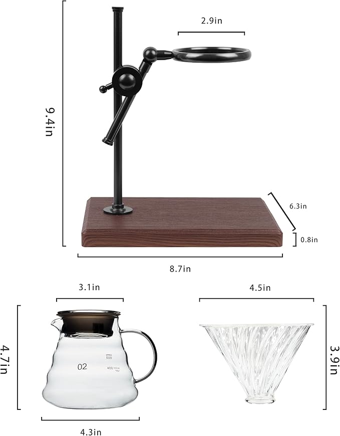L'ÉPICÉA Pour Over Coffee Maker Set, Pour Over Coffee Maker with Stand, Adjustable Stainless Steel Stand, Wooden Base, Paper Filters, Cone Glass Carafe, Pour Over Coffee Dripper (Black)