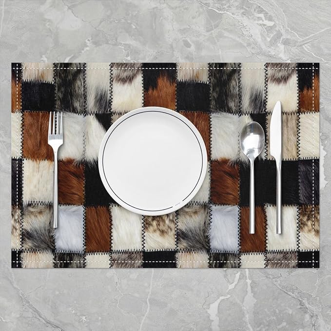 Feelyou 3D Cow Fur Print Placemats Set of 4 12x18 Inch Cowhide Patchwork Plaid Table Mats for Party Kitchen Dining Decoration Holiday Seasonal Western Farmhouse Animals Place Mat for Dinner Table - Image 2