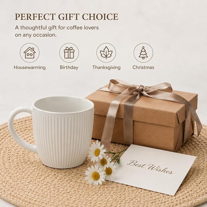Ceramic Coffee Mug Set of 4,14 oz Vertical Striped Texture Tea Cups | White Porcelain Mugs with Handle for Latte, Cappuccino, Milk, Microwave & Dishwasher Safe, Wedding & Housewarming Gift - Image 5