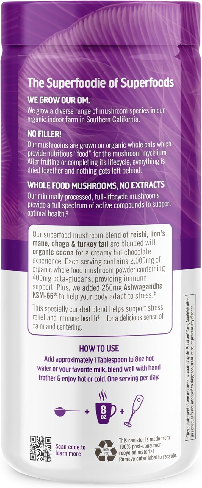 OM MUSHROOM SUPERFOOD Hot Chocolate Blend – Dutch Cocoa with Lion’s Mane, Reishi, Chaga & Turkey Tail – Supports Focus, Calm & Stress Relief – 2g Sugar, 25 Calories – 8.47 oz Canister (30 Servings)