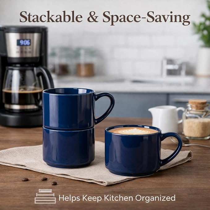 GBhome 14 OZ Coffee Mugs Set of 6, Stackable Ceramic Mugs for Men, Women, Modern Coffee Cups for Latte,Cappuccino,Hot Cocoa. Dishwasher & Microwave Safe, Navy Blue - Image 2