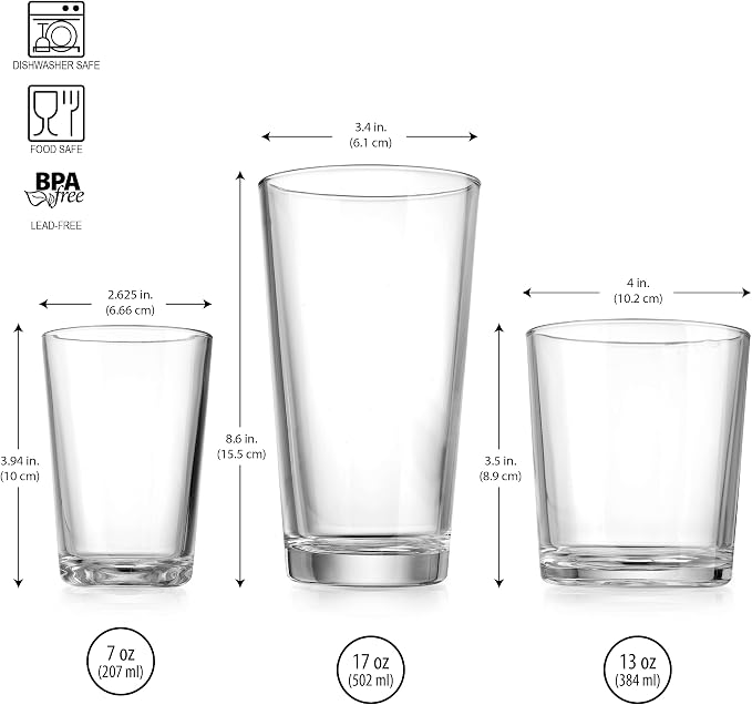 Glaver's Drinking Glasses, 24 Pc. Glass Cups, Includes 8 Highball Glasses 17 oz., 8 Rocks Glasses, 13 oz., 8 Juice Glasses, 4.5 oz., Whisky, Juice, Water, Beer, Cocktails, Dishwasher Safe. - Image 7