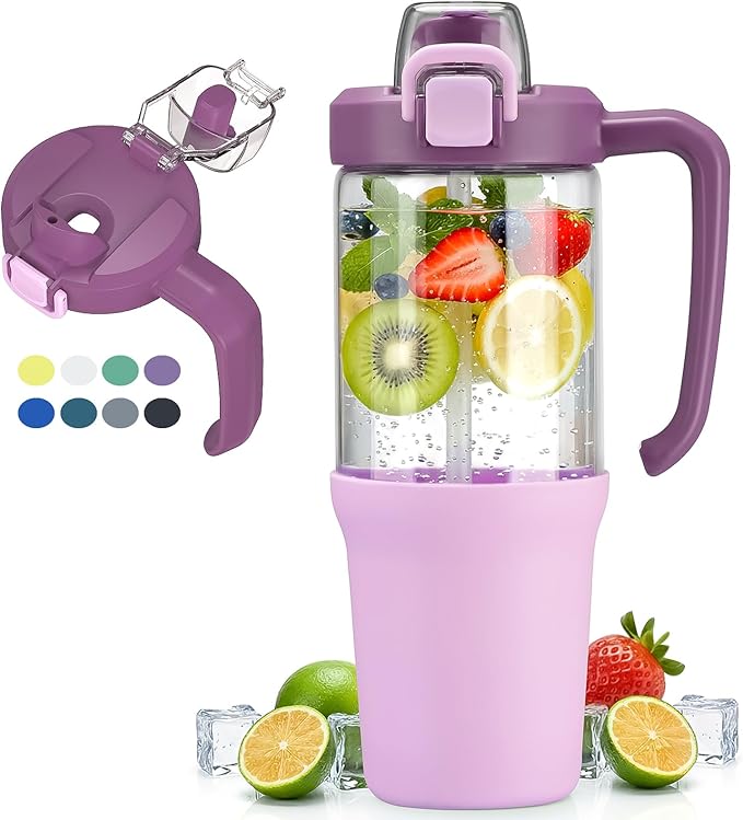 32 oz Glass Tumbler with Handle, 2-in-1 Straw and Sip Spout, Leakproof, BPA-Free Glass Water Bottle for Sports, Office, School, Lilac